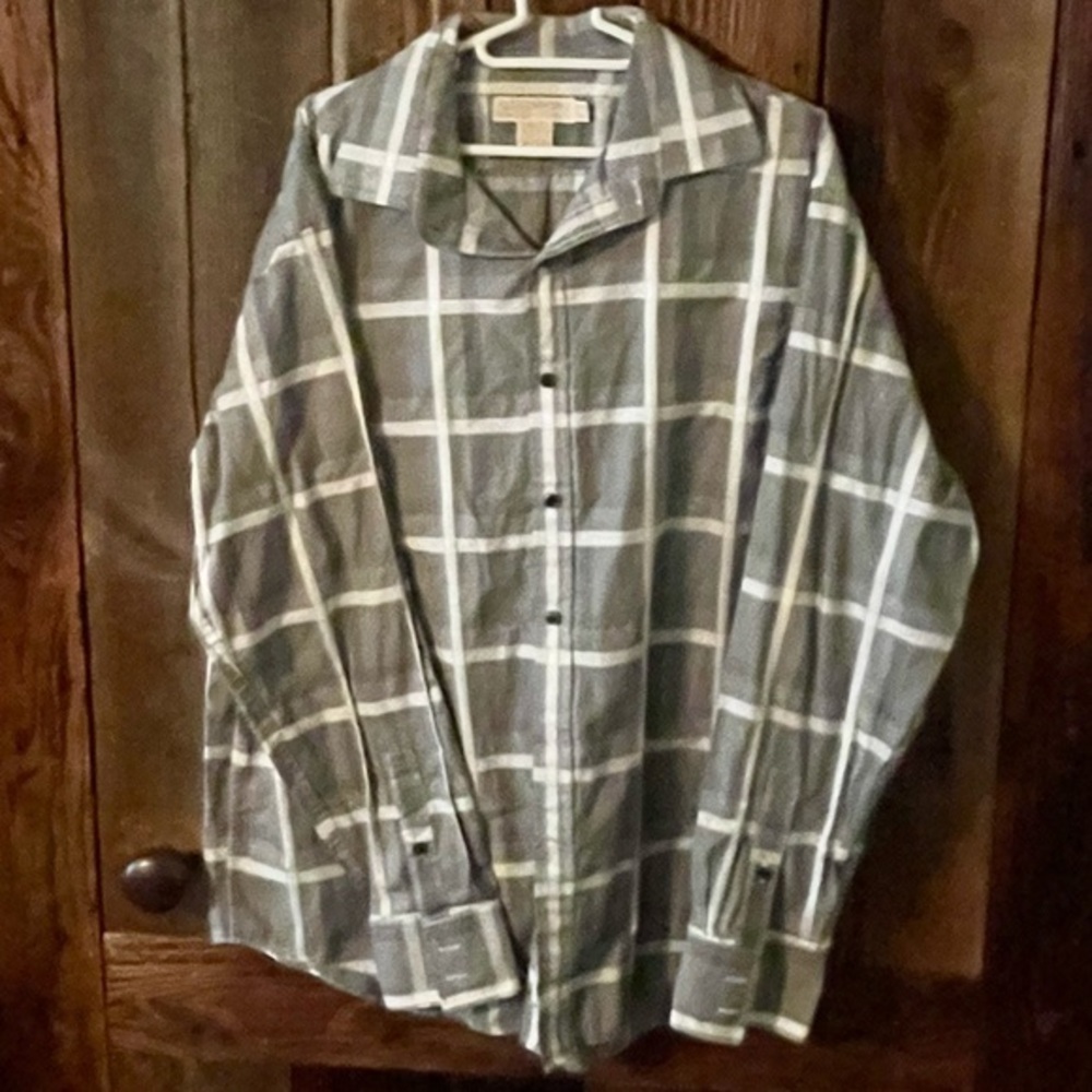 Mk Michael Kors Men’s Xl Casual Cotton Button Down Shirt, Plaid, Gray And White